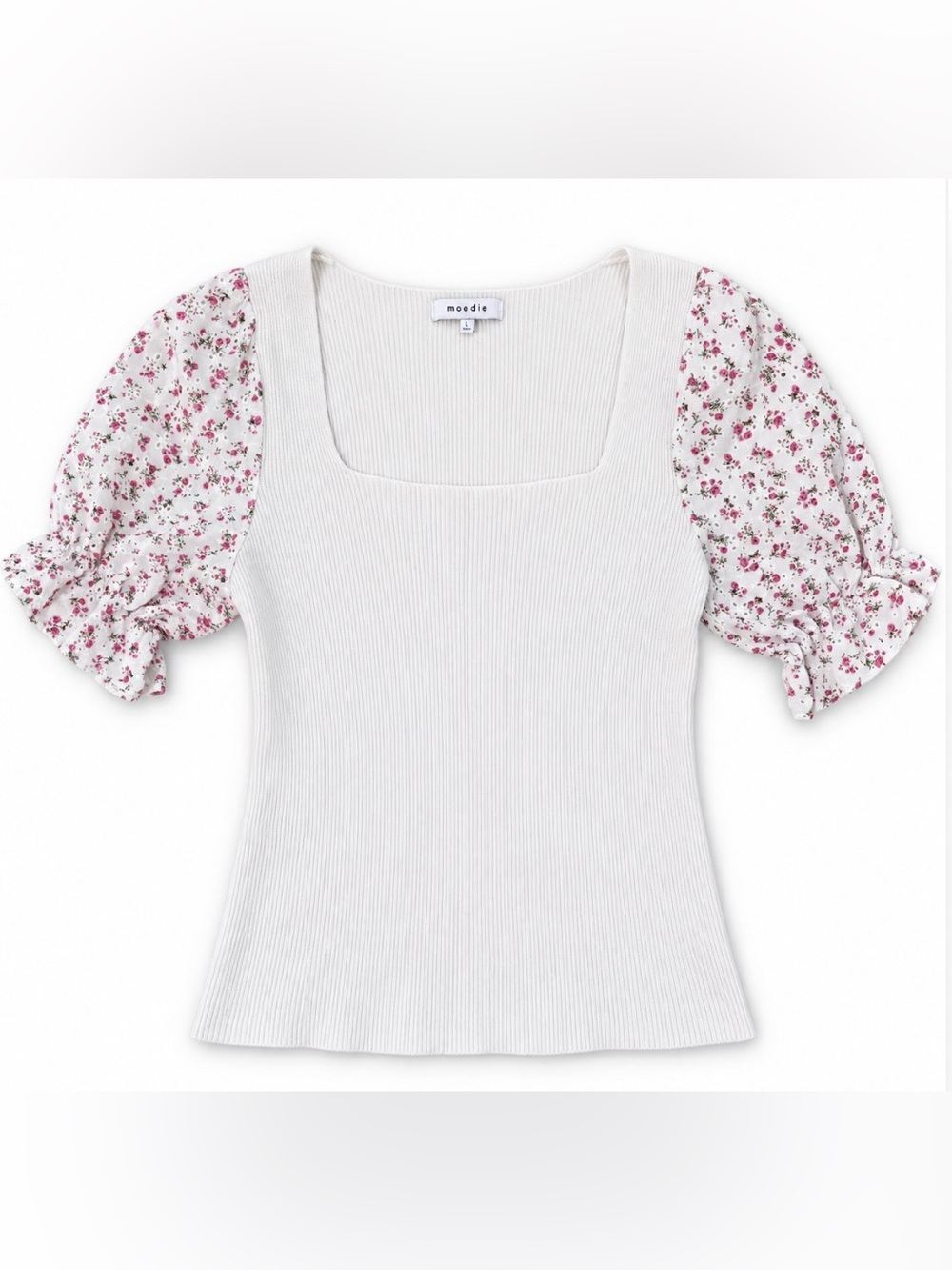 Moodie White Ribbed Knit Floral Eyelet Puff Sleeve Top Large